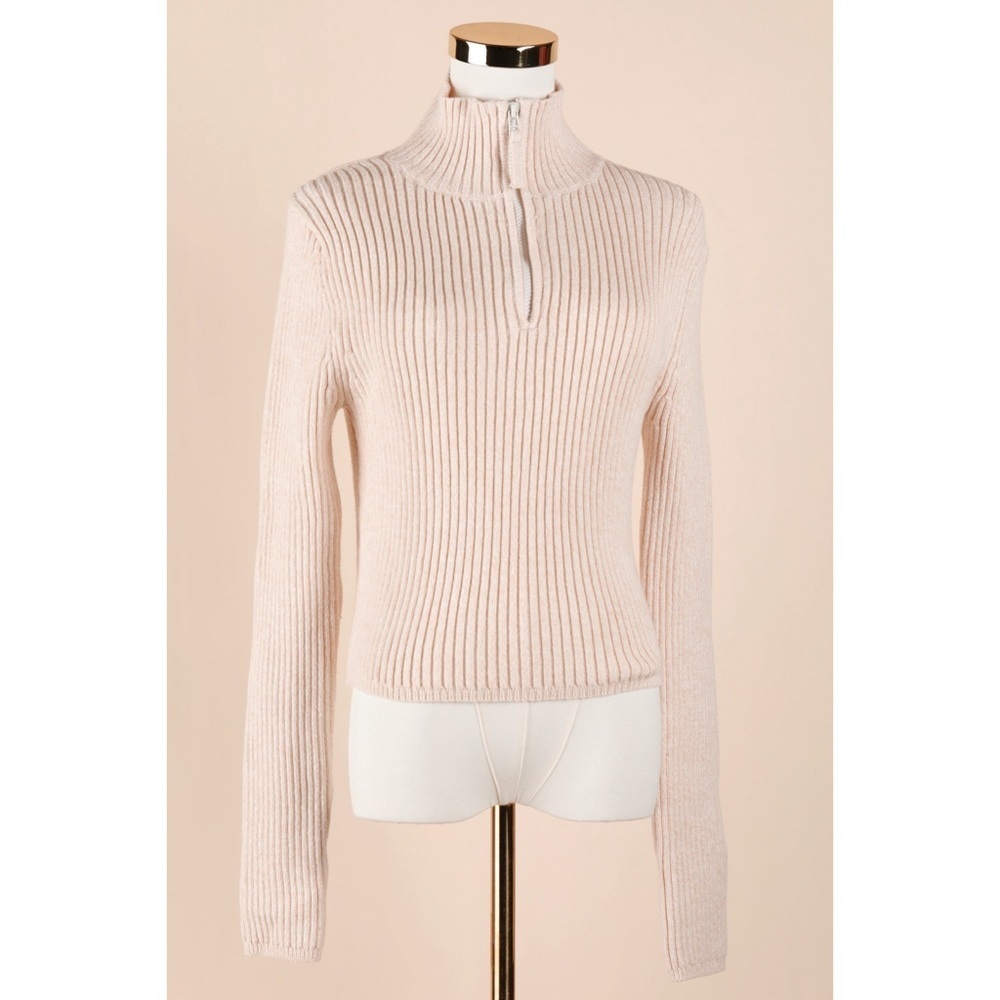 Sz L Aerie Late Night Quarter Zip Ribbed Turtlneck Sweater Toasted Coconut GUC